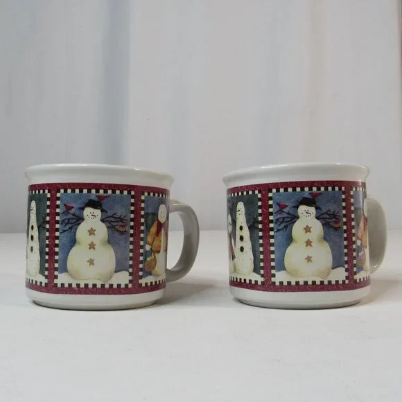 Debbie Mumm Christmas Set of 2 "Checkerboard Snowman" Ceramic Cocoa Mugs - Picture 2 of 9